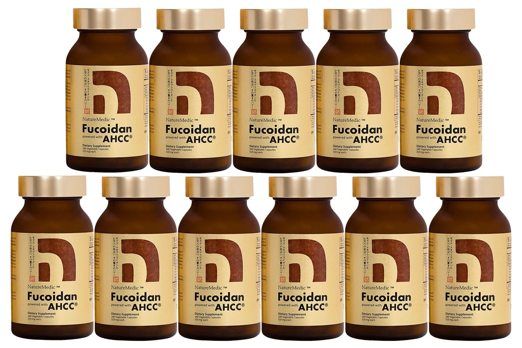 Fucoidan Powered with AHCC® Brown Seaweed Immunity Supplement with High Purity Mekabu Mozuku Agaricus 10 Bottles + Free 1 Bottle - 1760 Vegetable Capsules