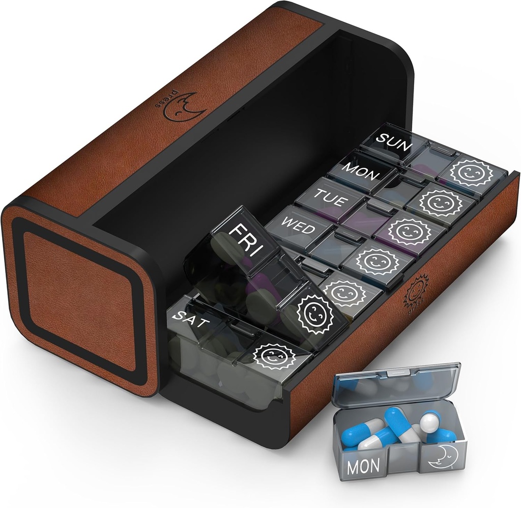 גלולת גלולות 2 פעמים ביום, Am Pm Twice Daily Pill Case, Detachable Large Travel Pill Box 7 Day, Weekly Pill Container for ויטמין Medicine תוסף שמן דגים (Brown)