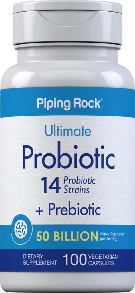Piping Rock Probiotic and Prebiotic for Women and Men | 50 מיליארד CFU | 100 קפסולות | Ultimate 14 Strain Supplement