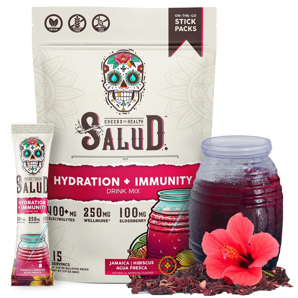 Salud 2-in-1 hydrotion Packets + Immunity Electrolytes אבקת, Hibiscus - ג'מייקה Agua Fresca Drink Mix, Elderberry, חלב וסוי חינם, non-GMO, Gluten Free, טבעוני, Low Calorie, 1g (15 משרתים)
