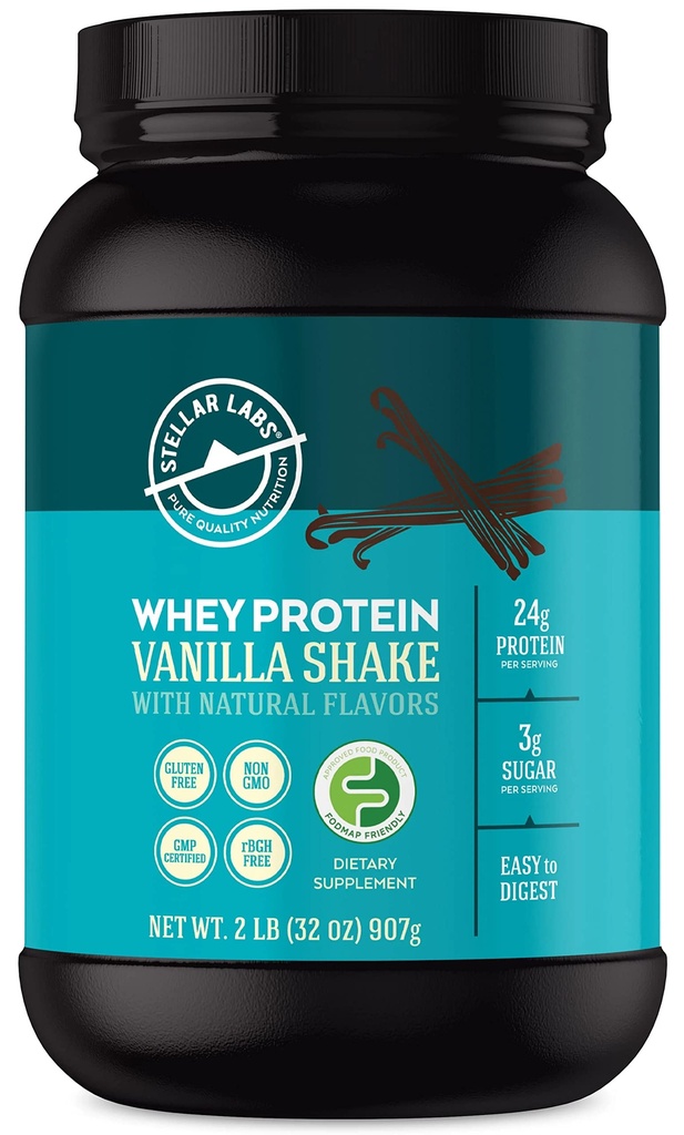 Stellar Labs אבקת חלבון Whey עם BCAAs & Whey Isolate | מוסמך נמוך FODMAP, non GMO, Gluten Free, Soy Free, Low Carb, Keto, עם Stevia | All Natural Lean Post Workout Shakes | Vanilla