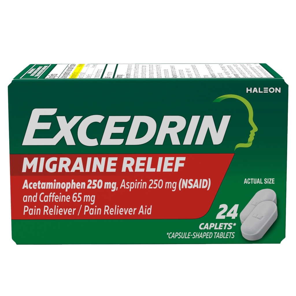עודף של Migraine הקלה Caplets עבור הסימפטומים Migraine, Acetaminophen 250 מ"ג, Aspirin 250 מ"ג, Caffeine 65 מ"ג, כאב Reliever, 24 Count