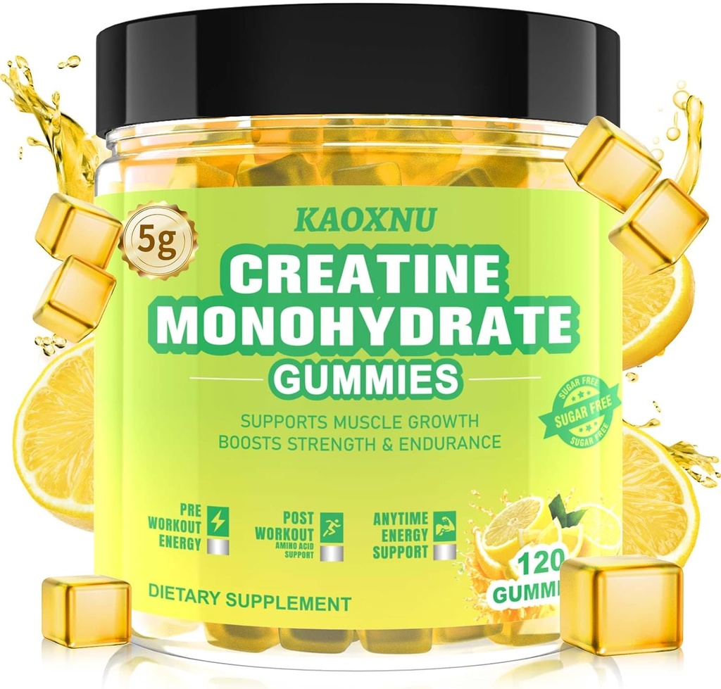 Creatine Monohydrate Gummies 5600 מ"ג עבור גברים ונשים, 120 CT Chewable Creatine חניכיים עבור תמיכה שרירים, אנרגיה Boost, 5.6g של Creatine Monohydrate לשרת - סוכר חינם, טבעוני (Lemon Flavor)