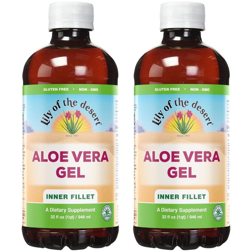 לילי של המדבר אלוורה גל - Inner Fillet Thicker Consistency Aloe Vera שותה עם ויטמינים טבעיים, Enzymes for Gut Health, Stomach Relief, Wellness, Glowing Skin, 32 Oz (Pack of 2)