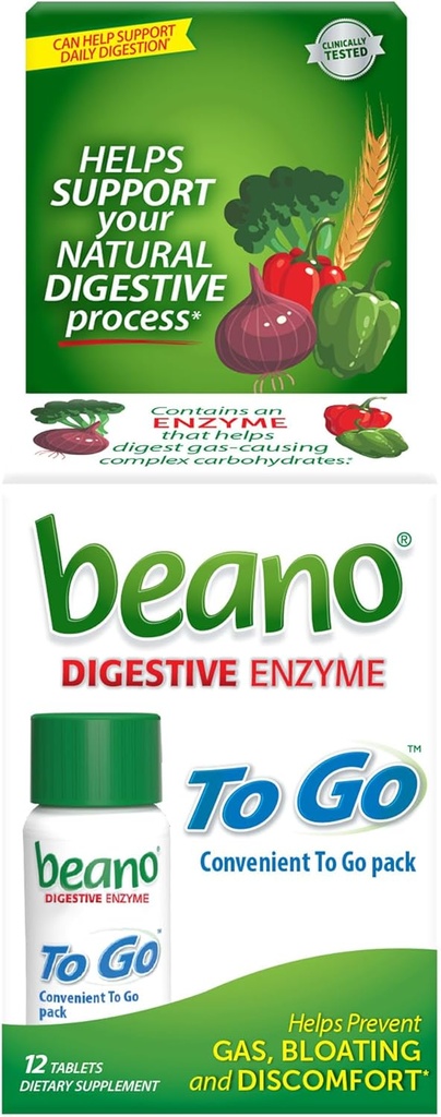 Beano to Go Gas Prevention, מזון Enzyme Dietary תוסף, Help Digest Gas-Causing Foods, 12 טבליות