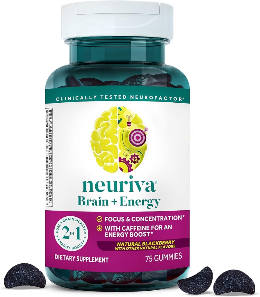 NEURIVA המוח + חניכיים אנרגיה, nootropic Brain תוספי עבור Focus ו ריכוז עם Neurofactor, ויטמין B12 & Caffeine עבור אנרגיה Boost *, 75ct Natural BlackBerry
