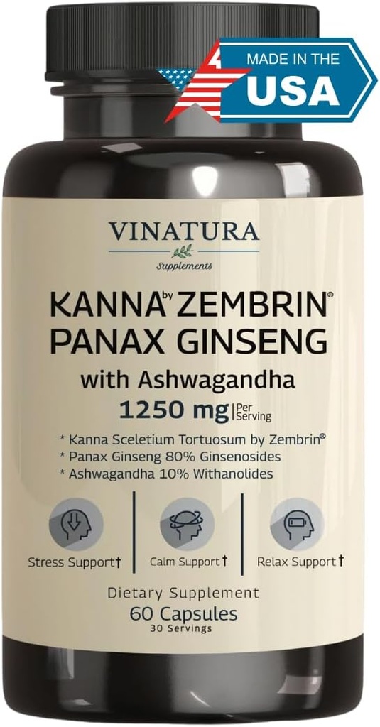 VINATURA Kanna Zembrin Sceletium Tortuosum - 50 מ"ג קאננה / משרת, עם Ashwagandha, גינזנג *Brain Health, Stress Relief Support* Panax גינזנג 80% גינזנוסיידים Ashwaganha קפסולות 10% עםanolidesolides
