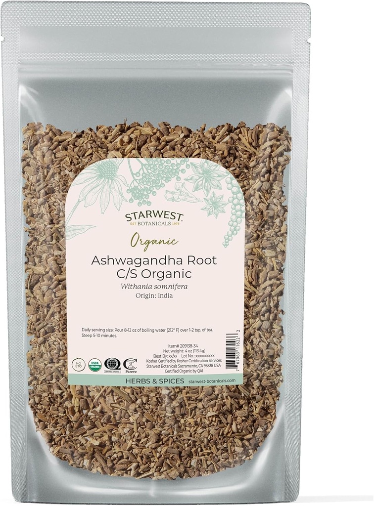 Starwest Botanicals Organic Ashwagandha Root for Women & Men - Dried Herb for Tea, קפסולות, ו- Natural Herbal בלנדרים, Cut & Sifted, Certified Kosher, Non-GMO - 4 oz Pouch