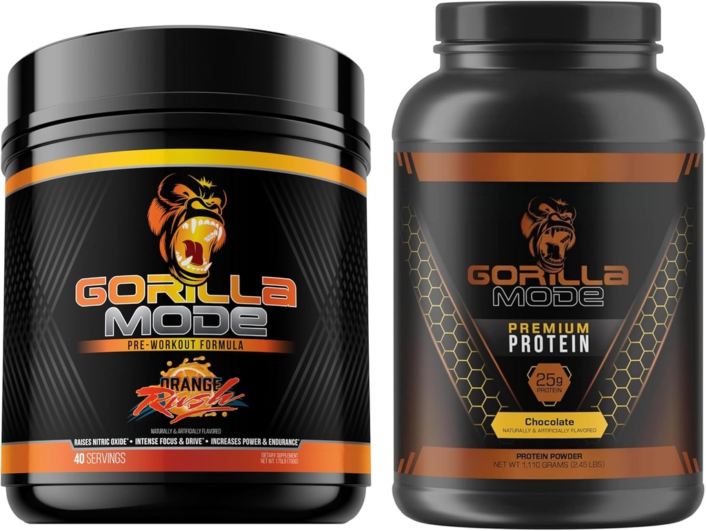 Gorilla Mind Pre Workout (Orange Rush) + Premium Whey חלבונים (Chocolate) - מקיף עבור דלק תוצאות מקסימליות