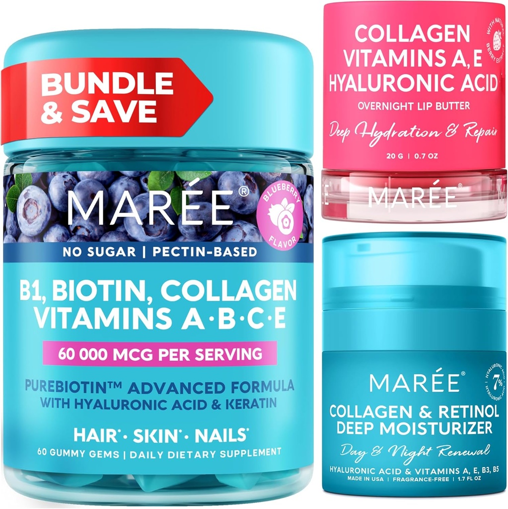 MAREE Bundle - ויטמין B1 Thiamine Gummies, Lip Mask, Face Moisturizer - A, E, D, C, ויטמין C - Collagen & Hyaluronic Acid, Retinol- Complex for Skin, Nails, Hair - Mask for Dry Lips - Anti-Aging Cream