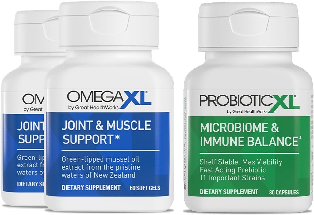 אומגה XL Powerful Joint ו-שרירים תמיכה ב- 60 הרוזן (2 Pack) ו- Probiotic XL - PreforPro, DE111, Shelf Stable - קידום צמיחה בריאה של Gut Flor (30 וggie caps)