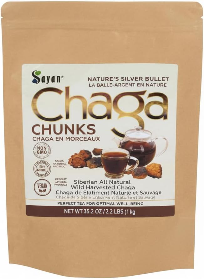 Sayan Raw Chaga Mushroom Chunks with Black Top Crust 35.2 Oz / 2.2 lb - Premium Wild-Harvested Antioxidant Tea for Immune Support, Focus and Digestive Health - Non-GMO