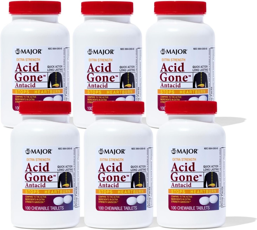 Major Acid Gone Another Power Antacid Chewable Tablets - Anti-Acid Relief - Acid Reflux Medicine for Adults - Upset Stomach, Acid Indigestion, and Heartburn Relief - Long-Lasting - 100-Count (6 Pack)