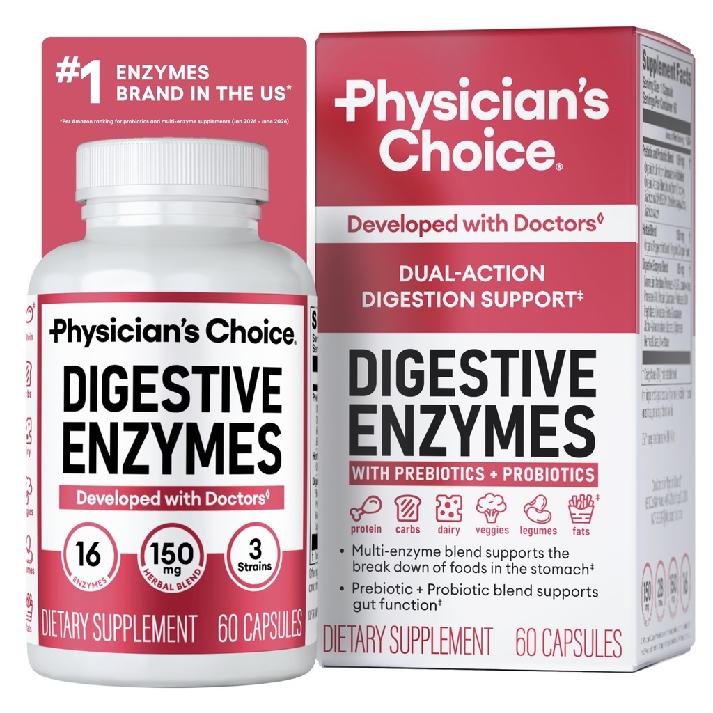 CHOICE Digestive Enzymes for Bloating & Digest - 16 Enzymes with Organic Prebiotics & Probiotics for Gut & Digestive Health - Meal Time Discomfort - תמיכה כפולה - 60 CT