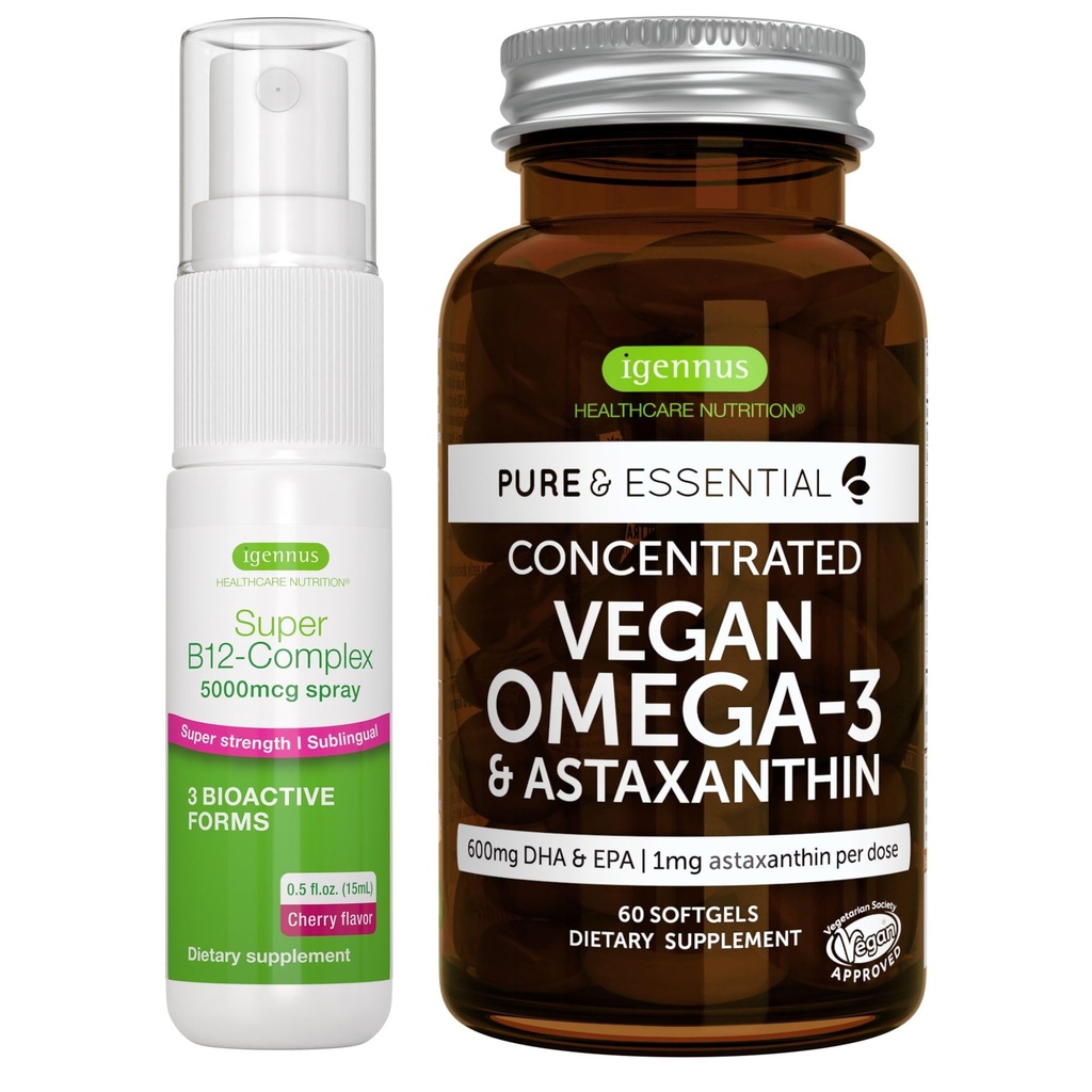 אומגה 3 Algae שמן + Super B12-Complex 5000mcg Vegan Bundle, ריכוז גבוה DHA & EPA + כוח גבוה B12 Cherry Flavor sublingual Spray, by Igennus