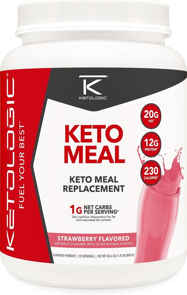 KetoLogic Keto Meal החלפת אבקת עבור תוצאות אופטימליות + MCT שמן + Grass-Fed Whey - פורמולה מושלמת Macros עבור Ketosis - 20 משרתים - Strawberry