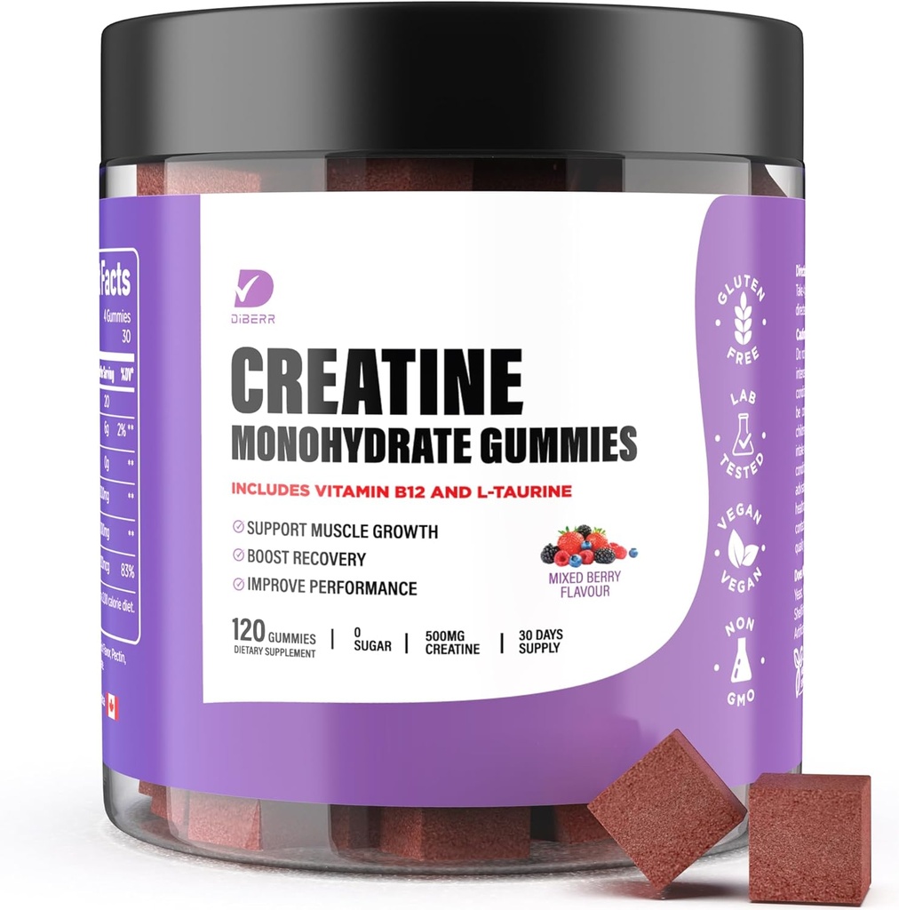 Creatine Gummies - Creatine Monohydrate Gummies עבור גברים ונשים - 5g של Creatine Monohydrate להגדלת לשרת - פוקוס, כוח, אנדורנס - בניית שריר, סוכר חינם, Vegan, non-GMO 120 Ct