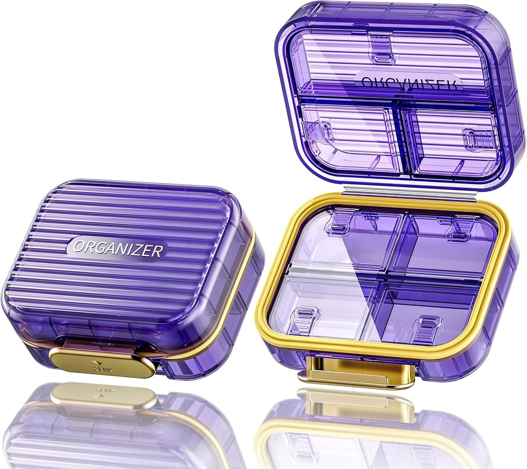 Acedada Small Pill Box, Travel Pill מארגנת, קומפקטי 7-Compartment Moisture גלולות מקרה פורזה, Chic Daily Pill Container, Portable Medicine & ויטמין Holder עבור שמן דגים & שמן, תוספי מזון סגול