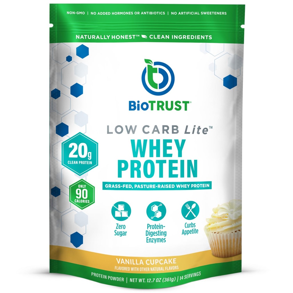 BioTrust Low Carb Lite, 20 גרמים של חלבון דשא-Fed Whey חלבון Isolate, 100 קלוריות, ProHydrolaseaseive Enzymes, non-GMO, חינם מ Soy ו Gluten, rBGH-Free (14 משרתים) (Vanilla Cupעוגות)