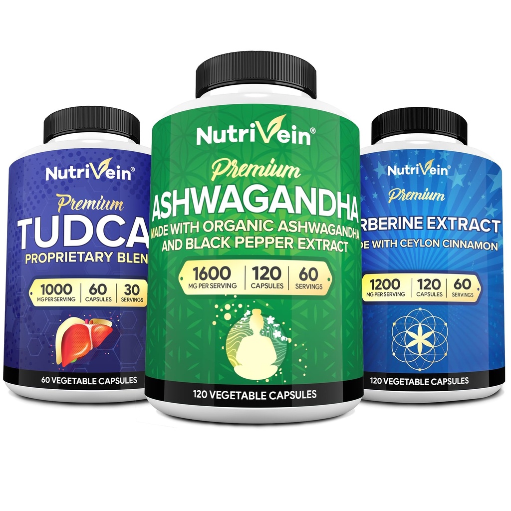 Nutrivein Premium TUDCA, Berberine תוספים, ו- Ashwagandha תוספי Bundle: High-Absorption Berberine Complex, Ashwagandha Root Extract, & TUDCA עבור Detox, Vitality & Well-Being