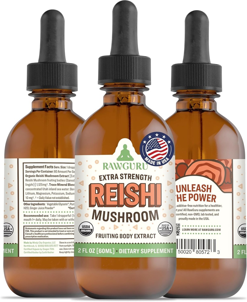 RawGuru אורגני Reishi Mushroom Tincture - Reishi Mushroom Extract with Natural Trace מינרלים - Nano-Processed Cognitive & Immune Support Supplements ל 60 מ"ל, Pack of 1