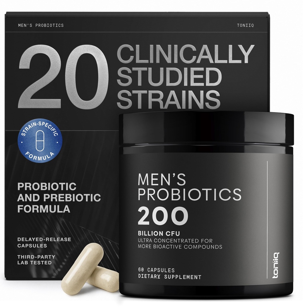 טונייק Mens Probiotic עם 20 סטרינס מאומתים - 200 Bilion CFU + 200 מ"ג FOS Prebiotic - Mens Probiotics for Gut Health - Cold-Chain & Delayed-Release - Lab-Tested Synbiotic Formula