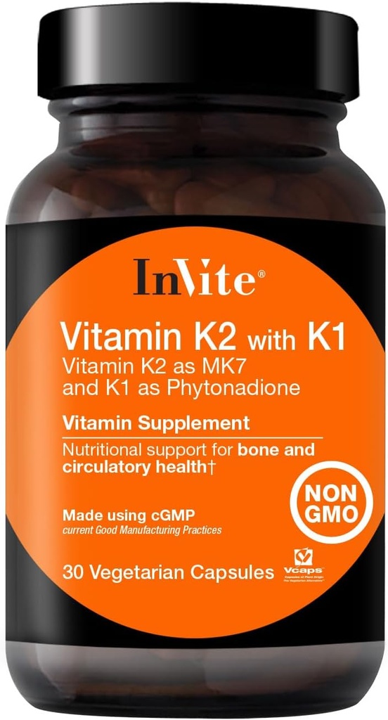 הזמנת ויטמין K2 עם K1 - תמיכה העצם ו- Circulatory Health - ויטמין K2 כמו MK7 ו- K1 ו- Phytonadione - 30 קפסולות צמחוניות (2-Pack)