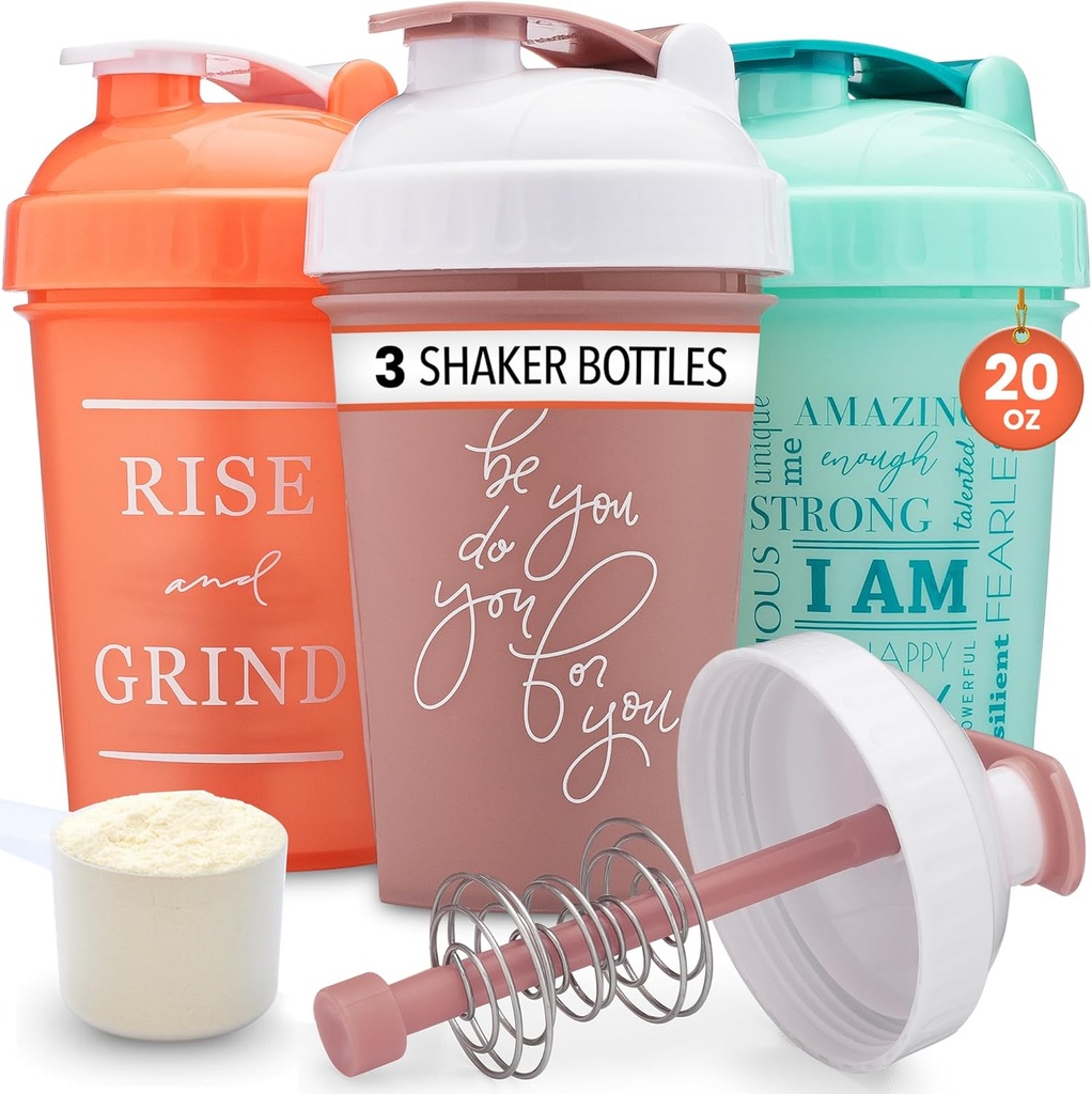 GOMOYO [3-Pack] 20Ounce Shaker Bottle with Action-Rod Mixer | חלבונים שיקר בקבוק עם ציטוטים מוטיבציה | Shakers for Protein Shakes הם BPA Free ו-Dishwasher Safe