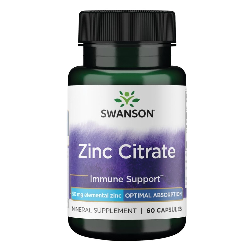Swanson Zinc Citrate - מינרלים תוספת קידום חזון בריא & Immune System Health - פורמולה טבעית תמיכה כללית בריאות - (60 קפסולות, 50 מ"ג כל אחד)