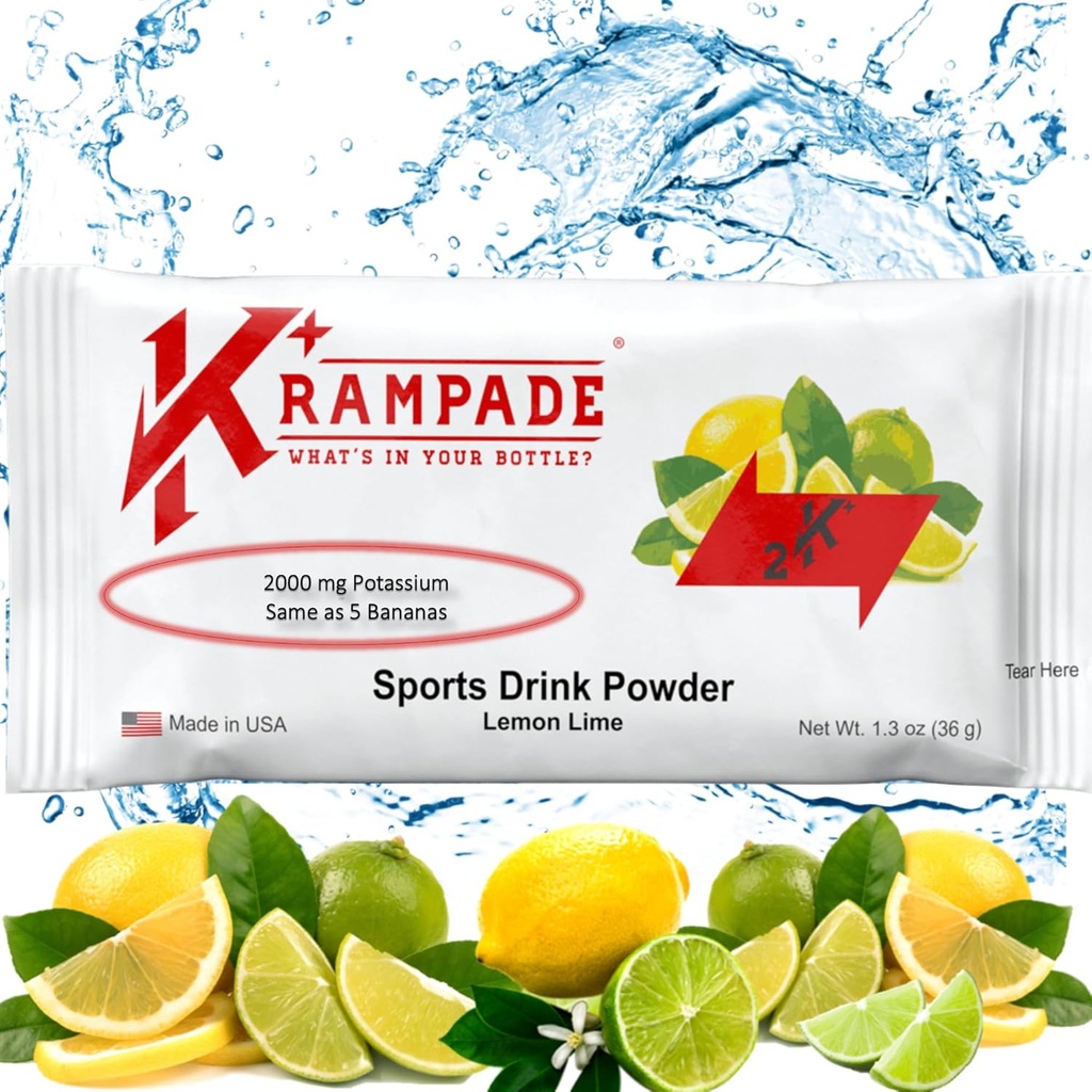 Krampade המקורי 2K - 2000 מ"ג High Potassium Cramp הקלה פוליקת משקאות אלקטרוליטטיים: Faster Recovery, Slower Fatigue, Optimized hydroigue; 20 חבילות שירות יחיד (Lemon Lime)