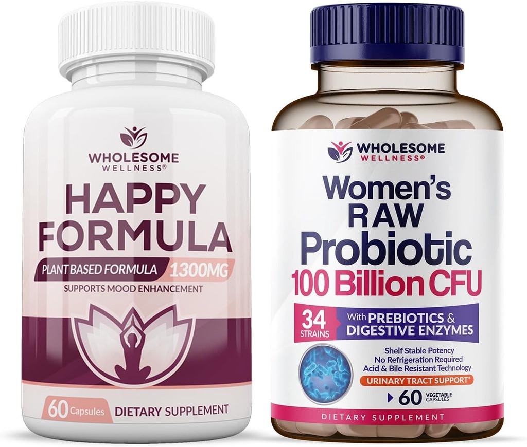 Wholesome Wellness Happy פורמולה טבעית תוסף + ד"ר פורמולה Raw Probiotics לנשים 100 מיליארד CFUs Bundle