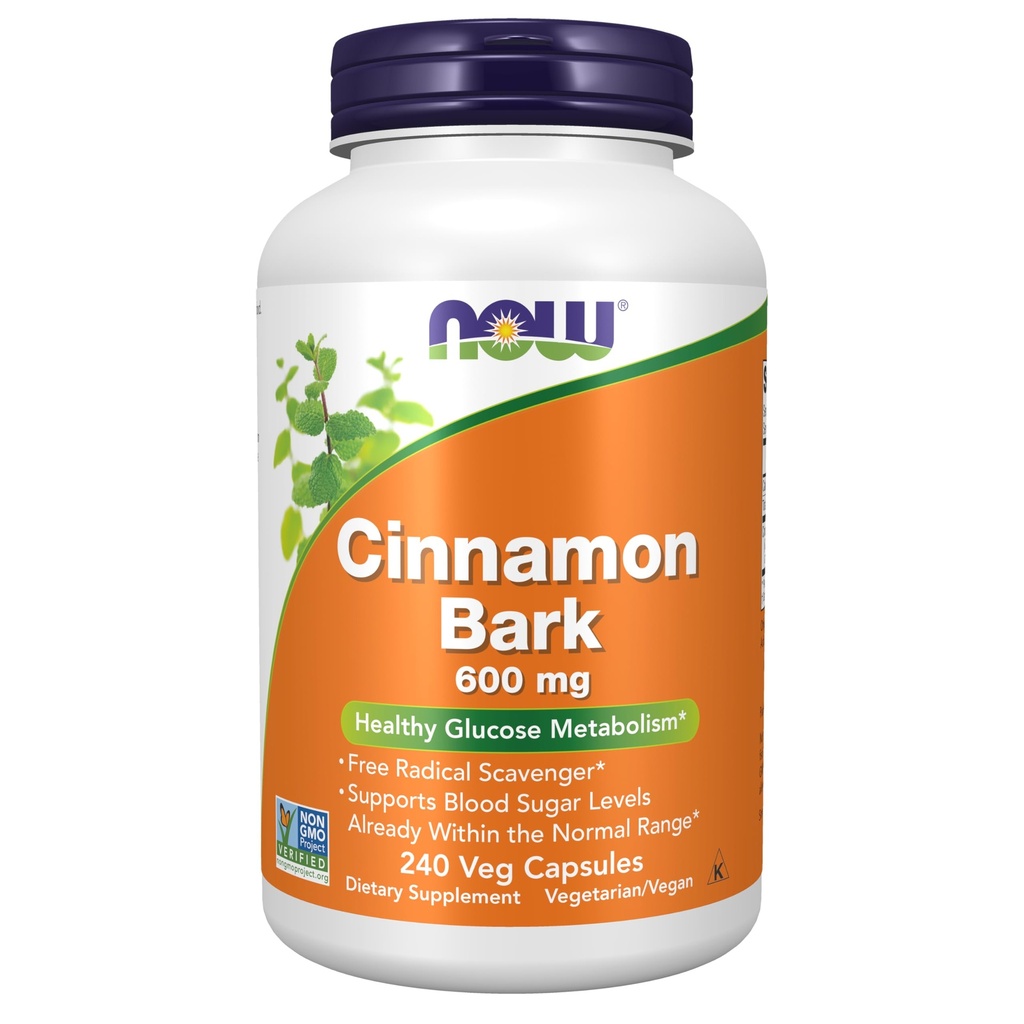 עכשיו תוספי מזון, Cinnamon Bark 600 מ"ג, פרויקט Non-GMO מאומת, Glucose Glubolism *, 240 קפסולות Veg