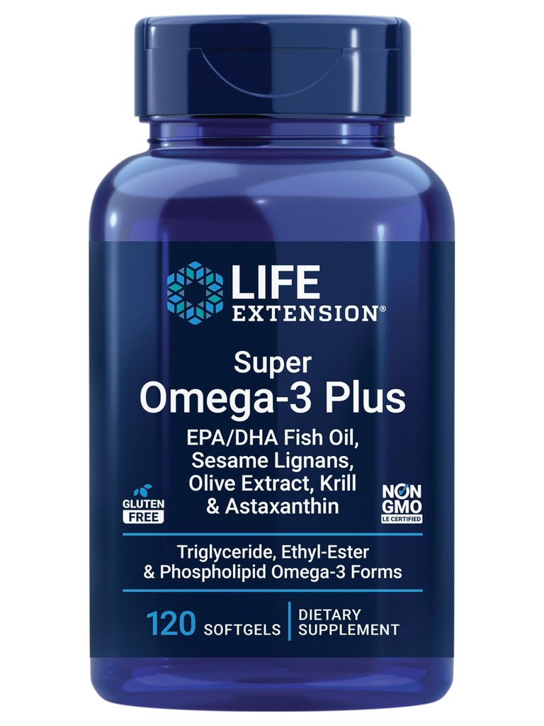 Life Extension Super אומגה 3 Plus EPA / DHA שמן דגים, Sesame Lignans, תמצית אוליב, קריל & Astaxanthin - Heart, Brain & Joint Health Support - Gluten-Free, non-GMO - 120 Softgels