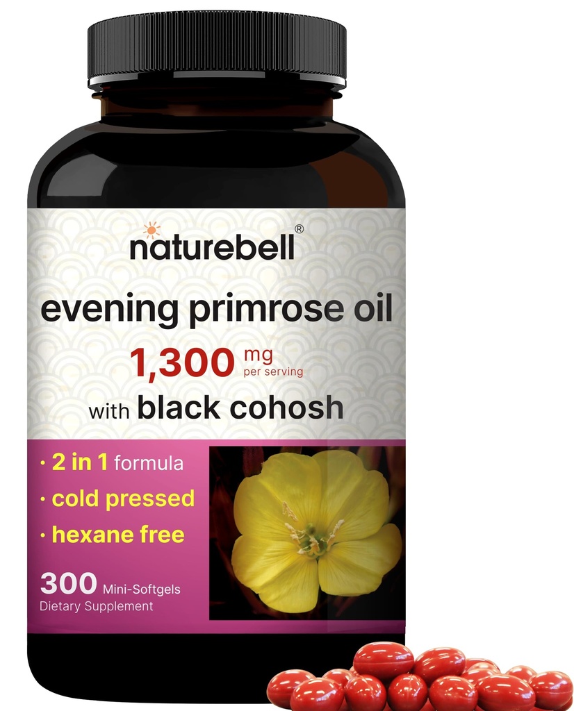 שמן ה- NatureBell Evening Primrose עם Black Cohosh, 1,300 מ"ג פריון, 300 מיני-Softgels | Cold Pressed Seeds, Retains 130mg GLA for Womens Health & Skin Care - Hexane Free, Non-GMO