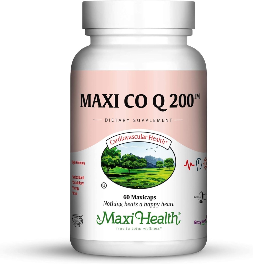Maxi Health CO Q10 200mg - Coenzyme Q10 Supplement - Heart Health - 60 Capsules - Kosher