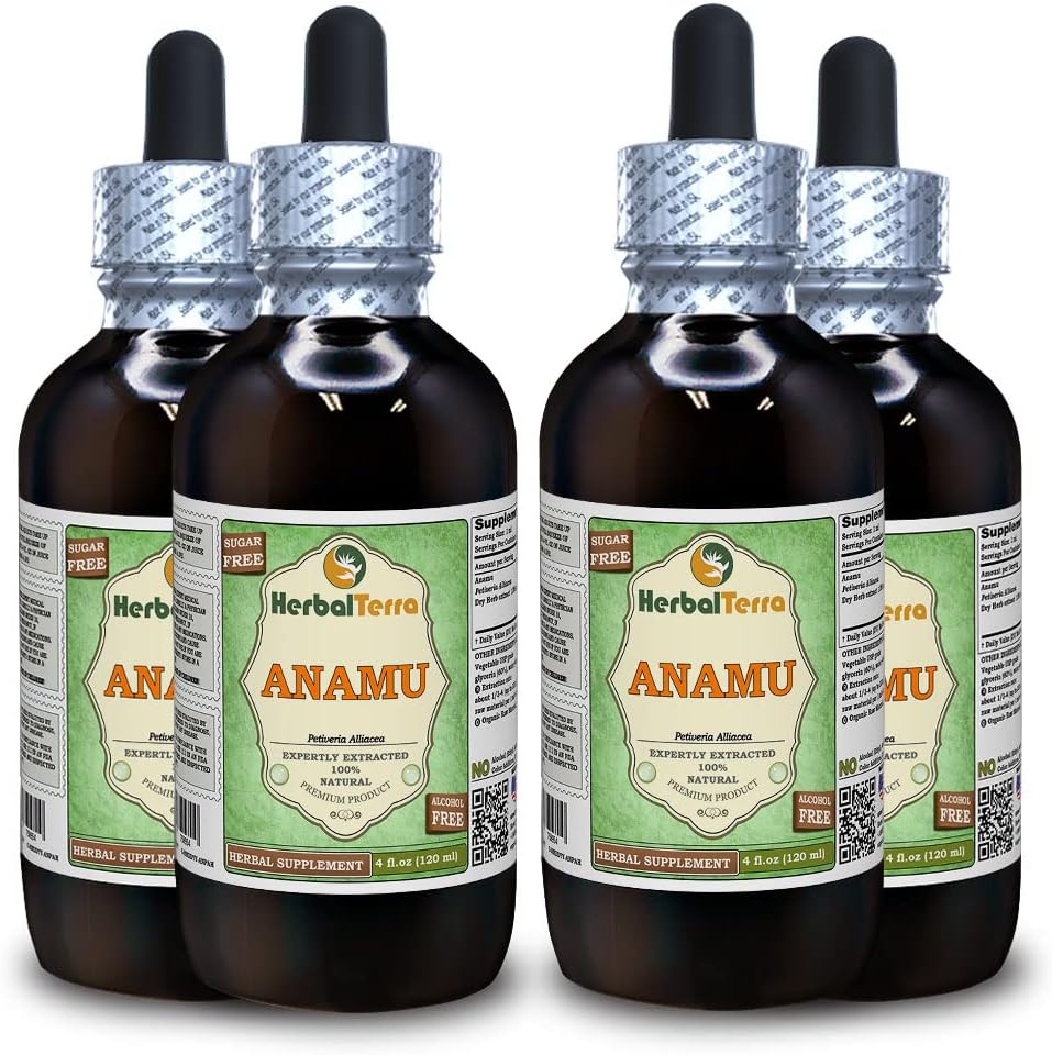 Anamu (Petiveria Alliacea) Glycerite, Dried Herb אלכוהול-FREE לחלץ נוזלי (שם ברזיל: HerbalTerra, המיוצר גאה בארה"ב) 4x4 fl.oz (4x120 מ"ל)