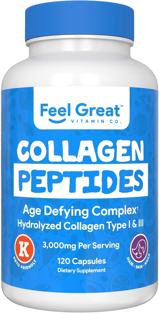 hydrolyzed Collagen Peptides אבקת קפסולות (Type I &III) על ידי Feel Great ויטמין Co. | חיטה חינם, Keto & Paleo Friendly