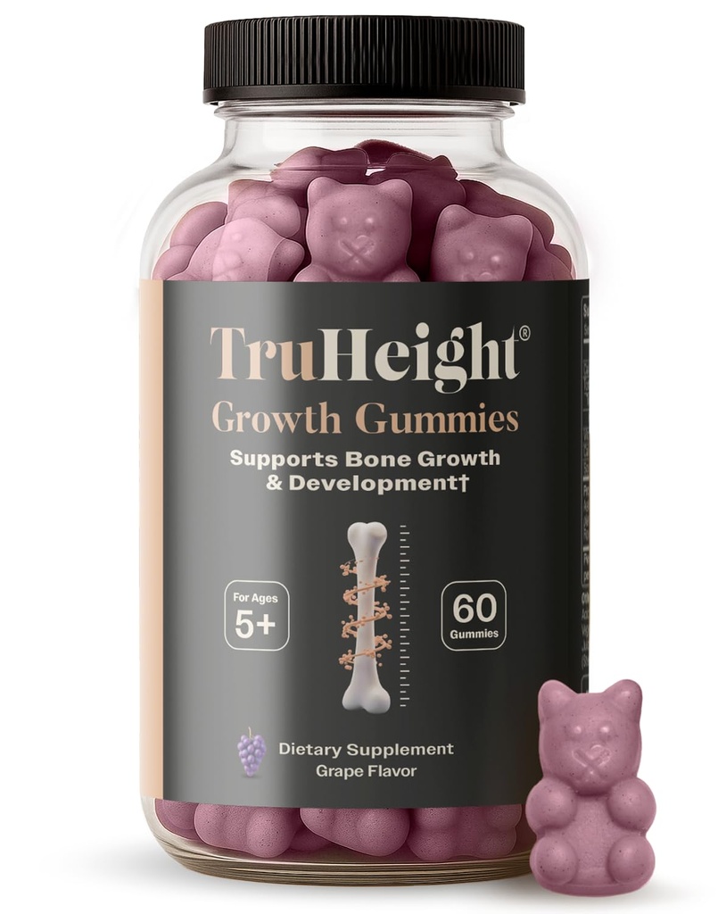 TruHeight Growth Gummies (Grape) Natural Growth & Development תוסף עבור ילדים ובני נוער - ויטמין D, K, Calcium & Ashwagandha - עצמות מחזקות ויטמין D3 K2 - ויטמין Picky Eater לילדים - גיל 5 + 5 + 5 + ימים