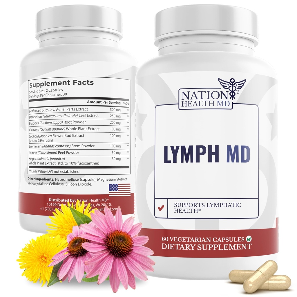 Lymph MD - Lymphatic Drainage תוסף - עם Bromelain, Echinacea, Burdock Root, Dandelion, Rutin, Kelp & More - Lymph System Support for Women & Men - 60 קפסולות