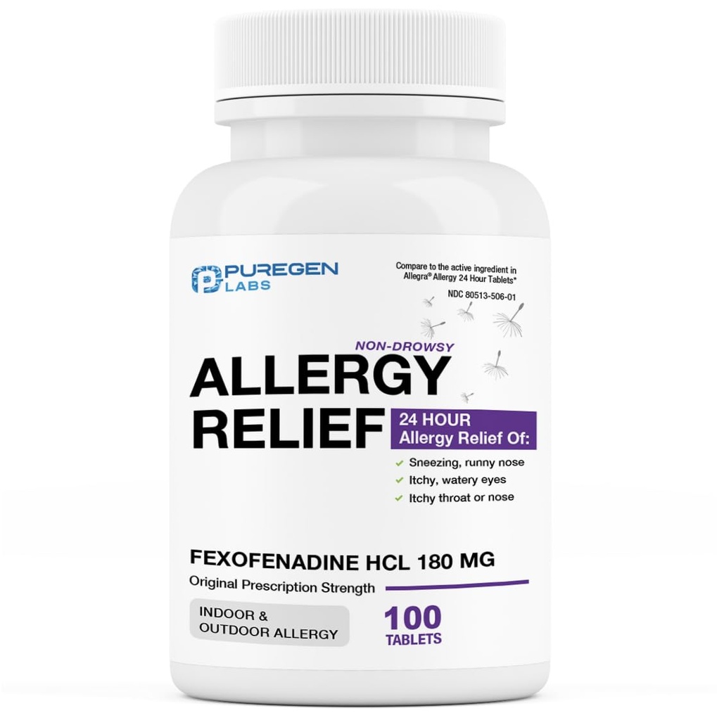Puregen Labs Allergy הקלה, Fexofenadine 180 מ"ג, 100 טבליות - 24 Hour non-Drowsy Antihistamine Allergy Medicine for Runny Nose, Sneezing, Itchy, Watery Eyes - Made in USA