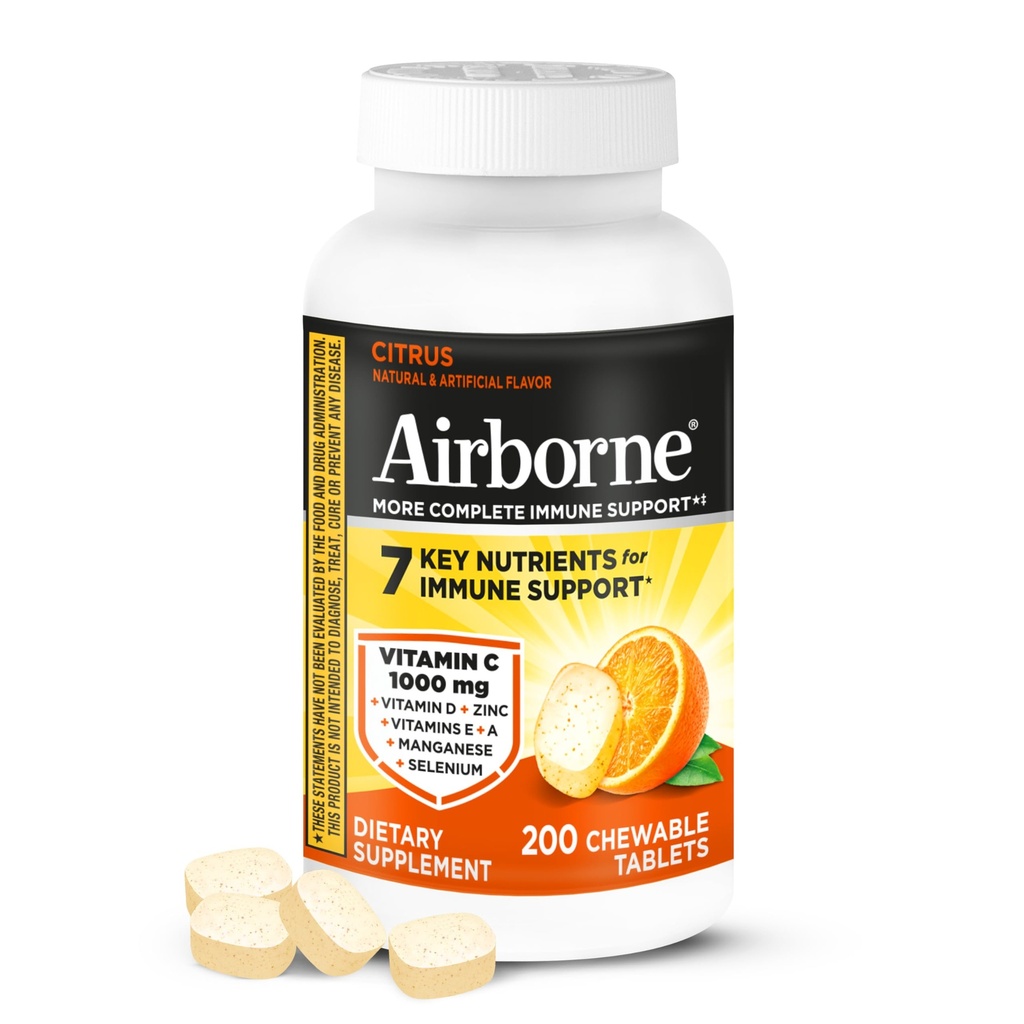 ויטמין 1000 מ"ג עם D ו- Zinc, Multivitamin Immune תוספת תמיכה עם Antioxidants A, C, ו- E, 200 טבליות Chewable, Citrus Flavor