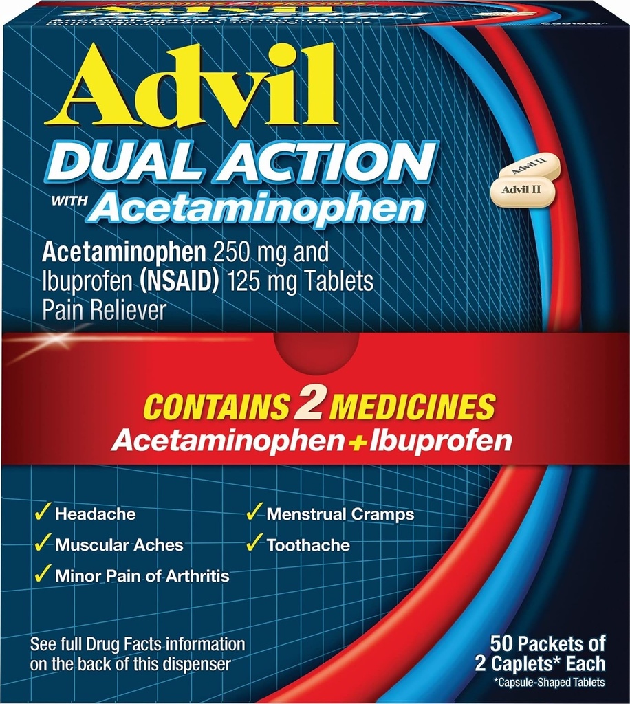 עו"ד כפול פעולה משותפת עם Acetaminophen, 250 Mg Ibuprofen ו 500 Mg Acetaminophen Per Dose (2 Dose Equivalent) עבור 8 Hour כאב הקלה - 2 Count X 50