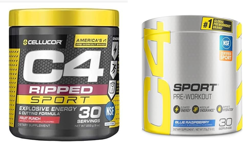 C4 Ripped Sport Pre Workout אבקת פירות Punch - NSF מוסמך לספורט + סוכר חינם & C4 ספורט טרום עבודה אבקת Blue Raspberry - Pre Workout Energy