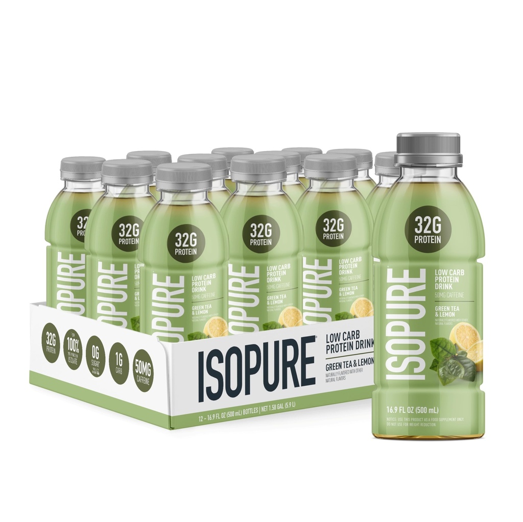 Isopure Zero Carb 32g Clear חלבון מוכן-to-Drink, Whey Protein Isolate, תה ירוק, 12 Pack (Packaging May Vary)