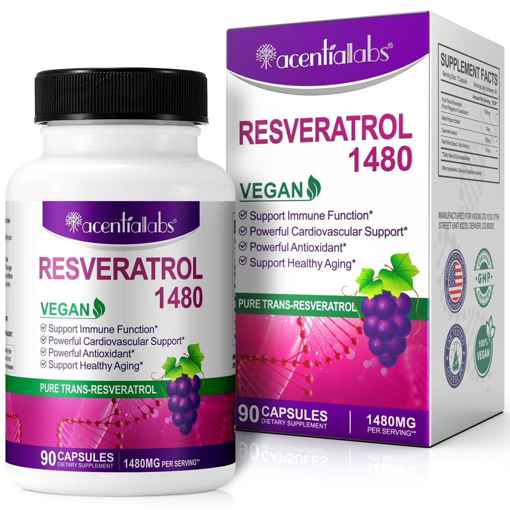 100% Resveratrol - 1480mg Per לשרת, 90 קפסולות Veggie, 99% Trans-Resveratrol, Antioxidant for Healthy Aging, Brain & Heart Support
