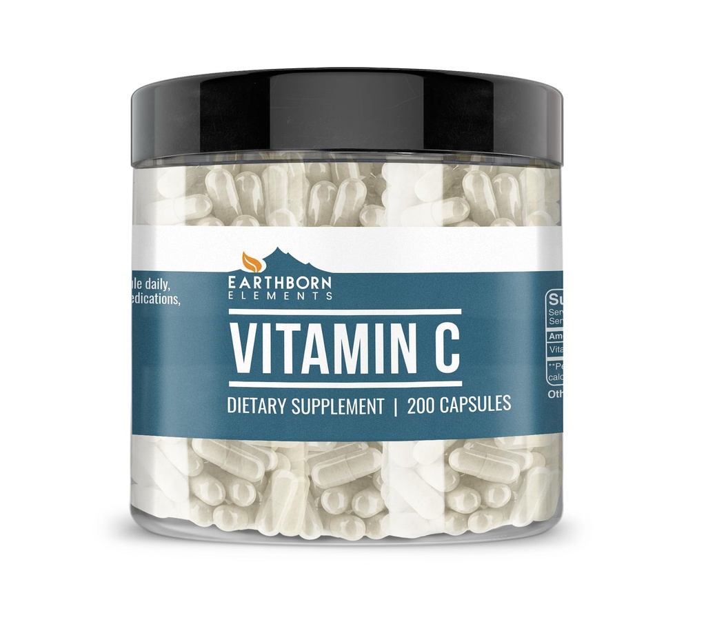 Earthborn Elements ויטמין C 200 קפסולות, Pure & Undiluted, No Additives