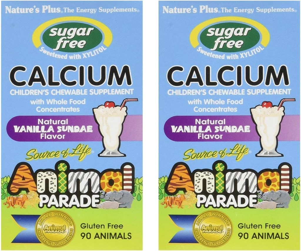 NaturesPlus Animal Parade Sugar-Free Children's Calcium, Vanilla Sundae Flavor - 90 Chewable Animal Shaped Tablets, Pack of 2 - Magnesium for Bone Health - Gluten Free - 90 משרתות