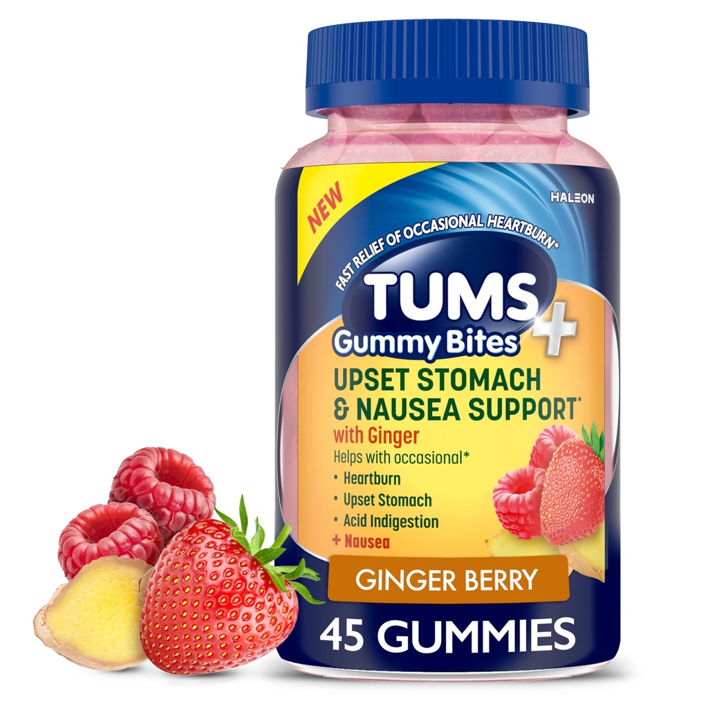 TUMS Plus Upset Stomach & Nausea תמיכה, תוספת תזונתית, ג'ינג'ר ברי - 45 הרוזן