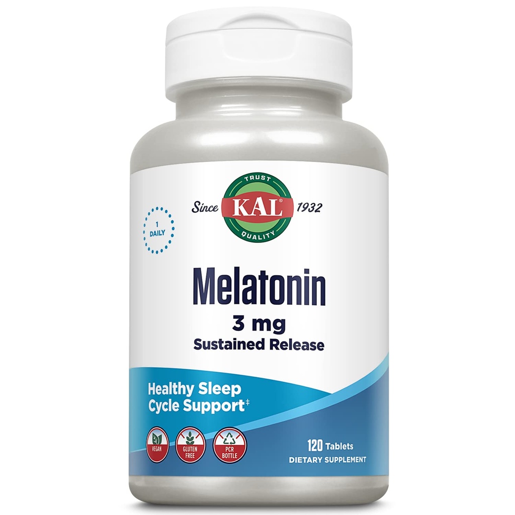 KAL Melatonin 3 מ"ג Sustained לשחרר Sleep Aid, Melatonin תוסף תמיכה מרגיעה בריאה, תחושה של Calm ומחזור שינה תקין, w/Added ויטמין B6, טבעוני, Gluten Free, 120 משרת, 120 טבליות
