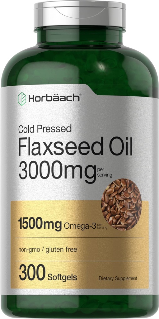 Horbäach Flaxseed Oil Softgel קפסולות 3000 מ"ג | 300 Count | High Potency | עם אומגה 3 6 9 | Non-GMO, Gluten Free | Cold Pressed Flax Seed